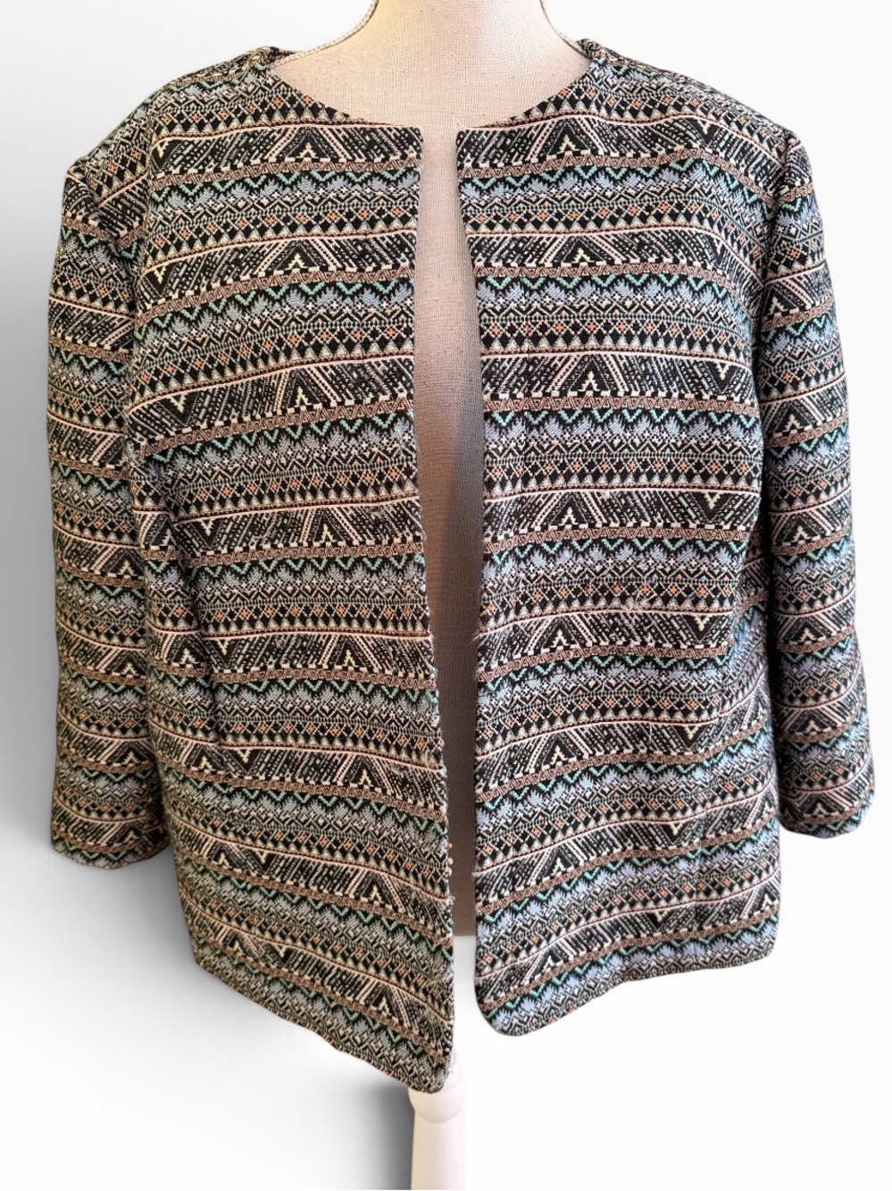 Tahari ASL Aztec  (Black/Tan/Teal/Coral) Open Front Jacket 22W